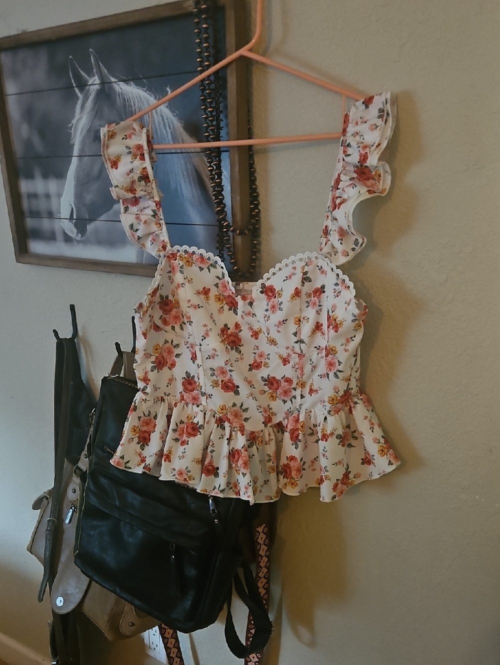 Floral Ruffle Peplum Tank Top - White with Rose Print